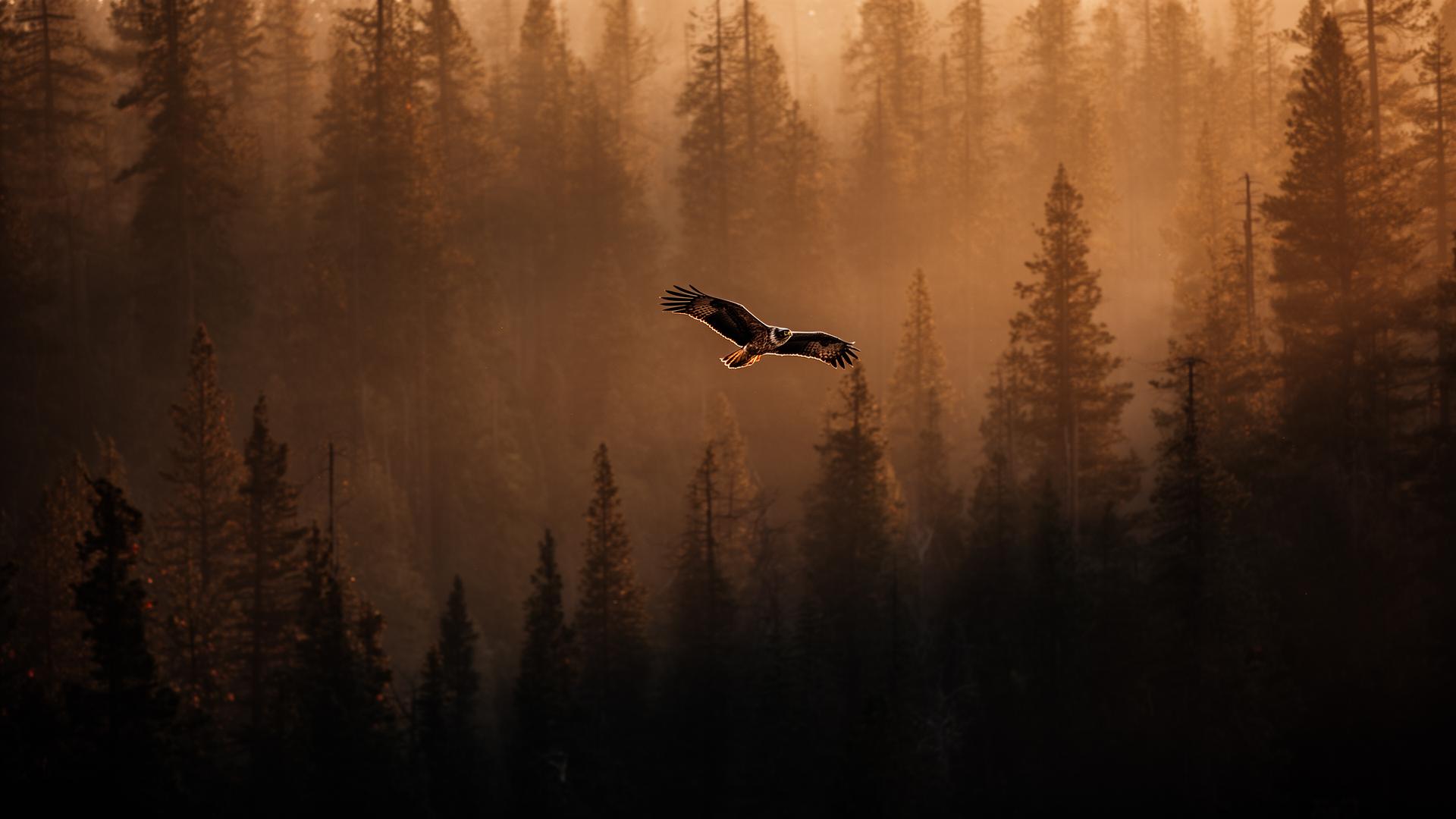 A lone hawk gliding through shafts of golden light in an old-growth pine forest