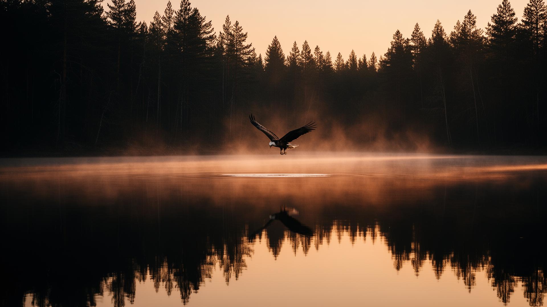 A hawk descending toward a still mist-covered lake at dawn