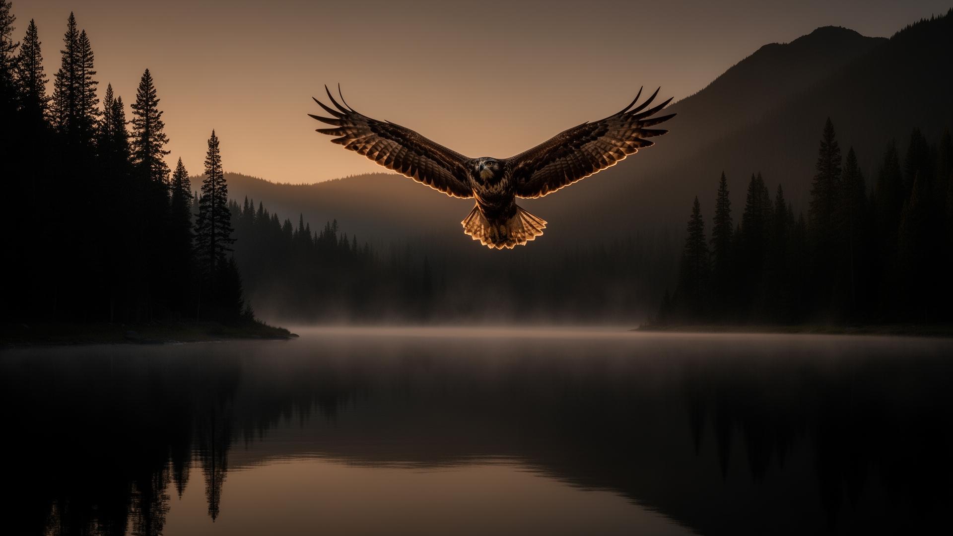 A hawk in flight at dawn above a still mountain lake framed by pine forest