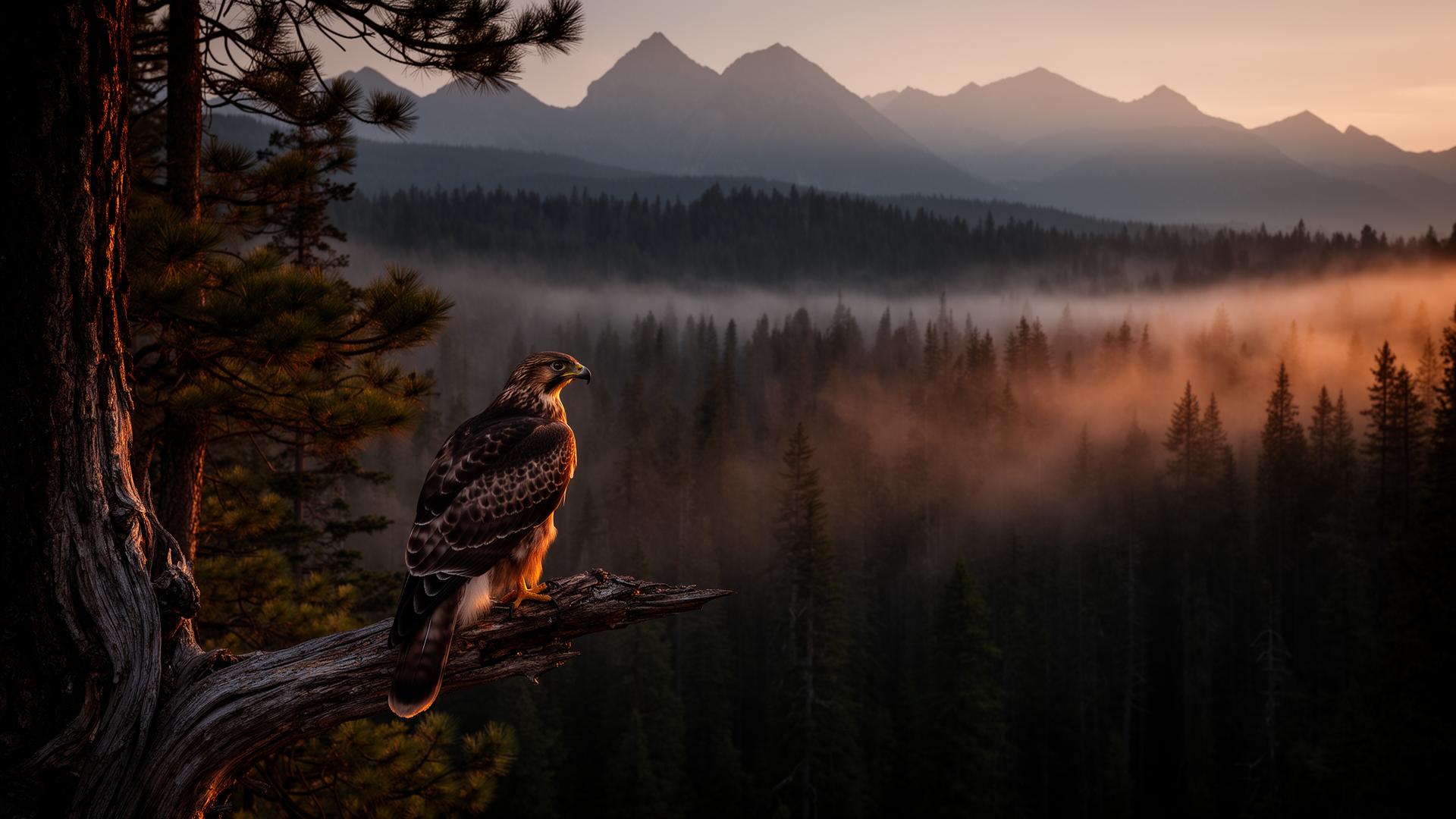 A hawk perched on a weathered pine, surveying a vast forest canopy at dawn